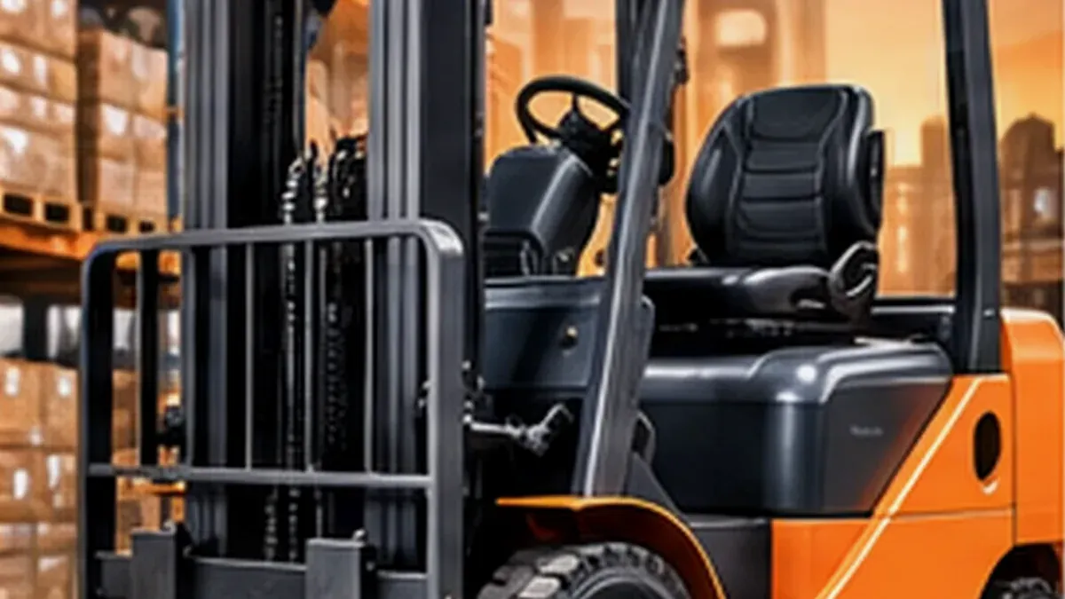 Ilustrasi photorealistic untuk panduan Checklist Handover Unit Rental Forklift: Damage, Hour Meter, Attachment, Battery/Fuel, dan Dokumen
