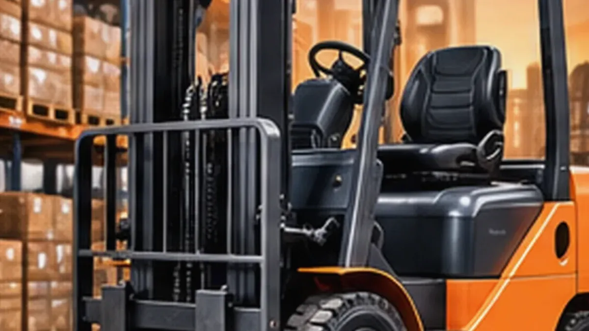 Ilustrasi photorealistic untuk panduan Checklist Relokasi Mesin dengan Forklift: Berat, Akses, Rigging, dan Shutdown