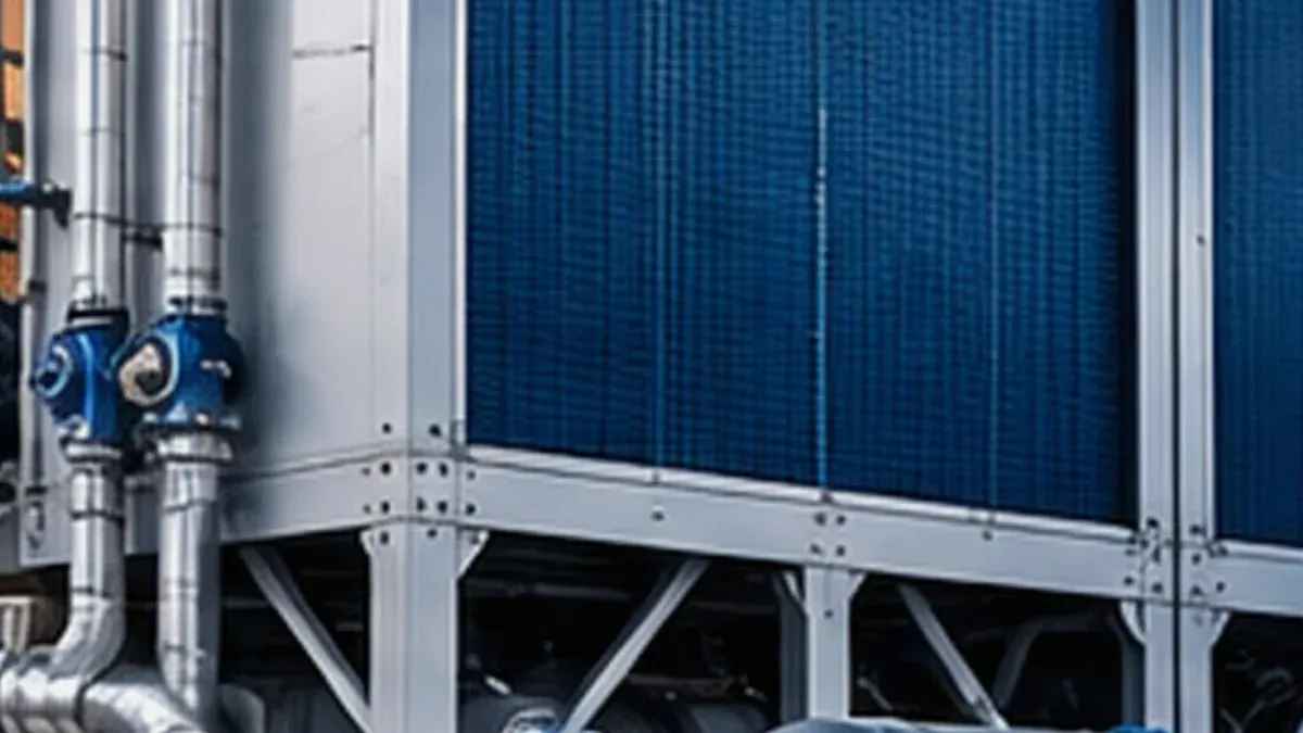 Ilustrasi photorealistic untuk panduan Checklist Handover & Commissioning Chiller Baru untuk Facility