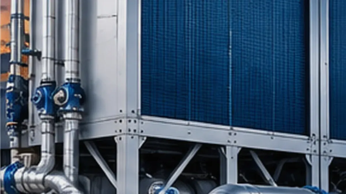 Ilustrasi photorealistic untuk panduan Ganti Vendor Maintenance Chiller: Checklist Takeover Asset, Alarm, Log, Spare, dan Warranty